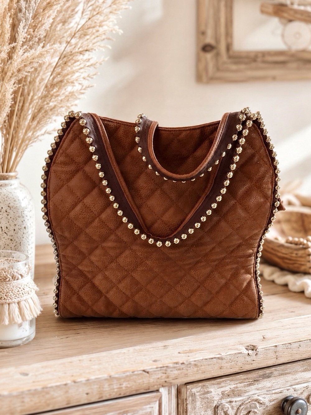Big Buddha Quilted Studded Vegan Leather Tote Bag 🤎 NWOT